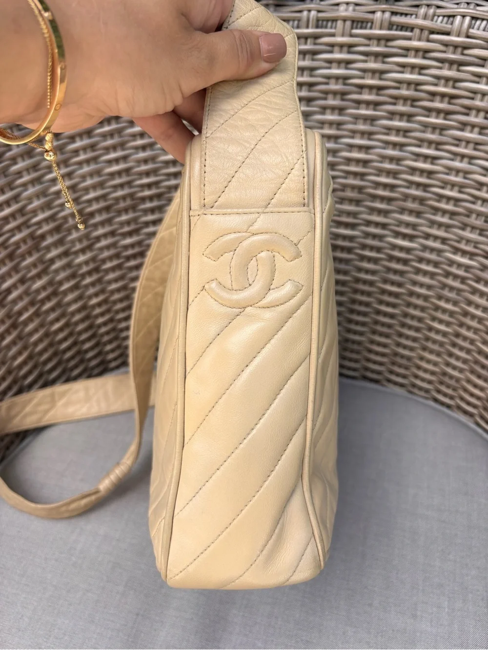 Authentic CHANEL beige leather tassel camera crossbody bag
